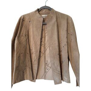 Vintage Fantazia Womens Beige Suede Jacket Embroidered Leaf Cutout Open Front
